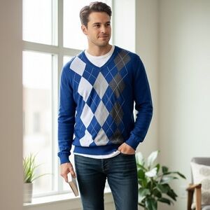 Banana Republic Argyle V-Neck Sweater - Blue/Grey - Size L